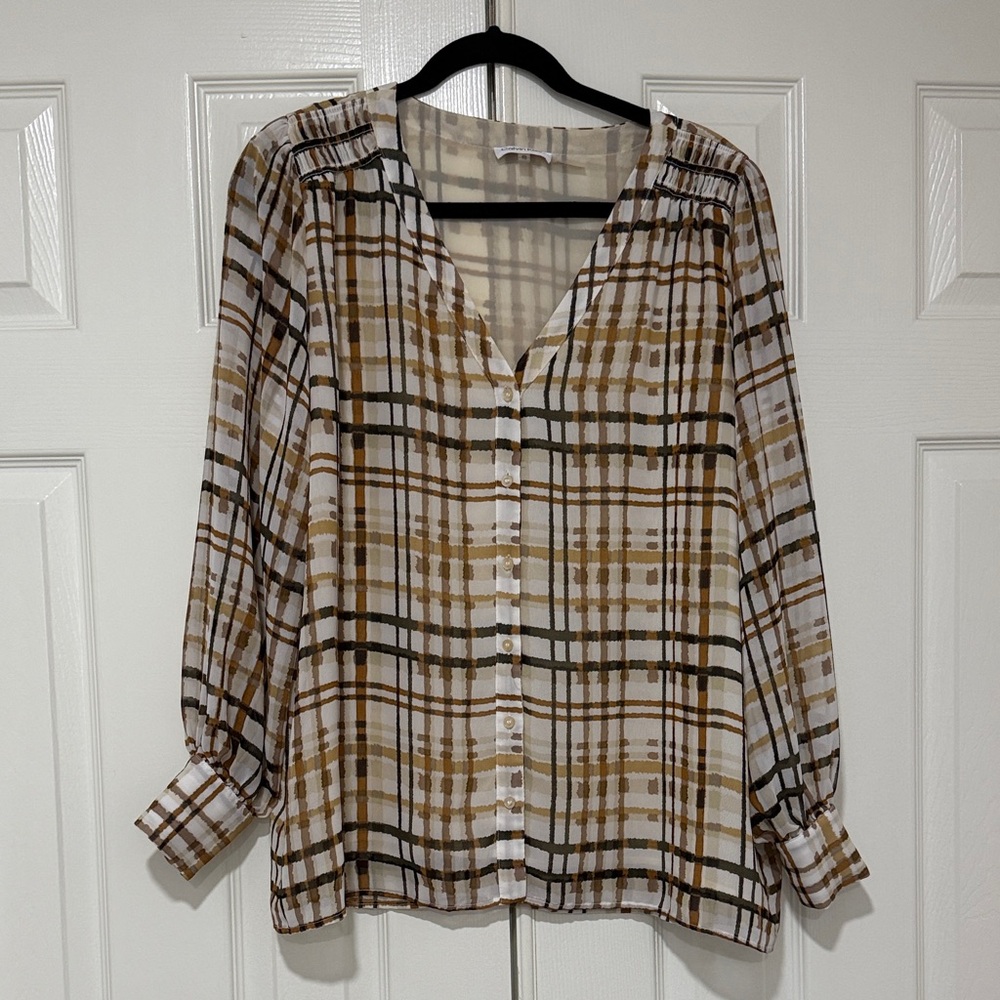 Calvin Klein Brown and Cream Plaid Blouse